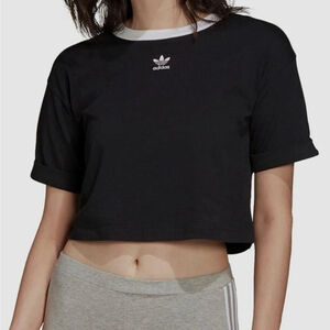 Adidas logo short sleeve crop top with white trim crew neck size small NWOT